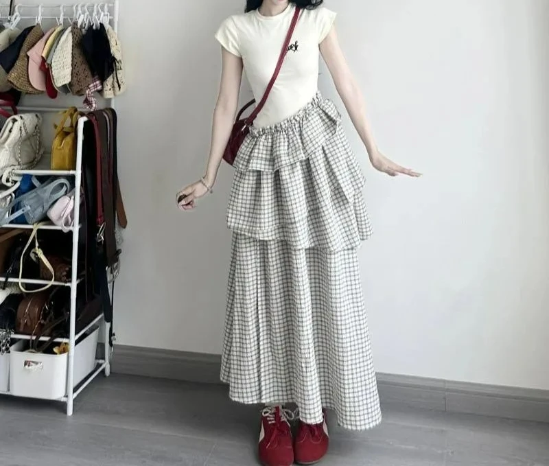 

Premium Retro Irregular Plaid Splicing Dress Women's Summer Waist and Thin Fake Two-piece Long Skirt
