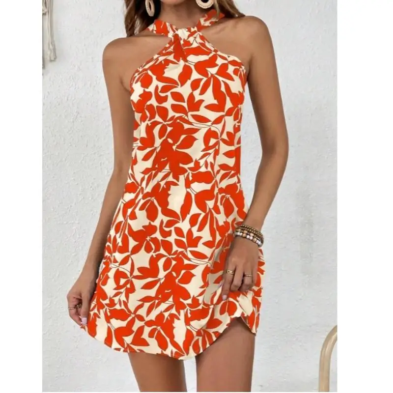 Faionable Summer Le Print Strapl ort Dr Ne Hanging No-Sve Women's Dr Polyester Material A-Line Skirt