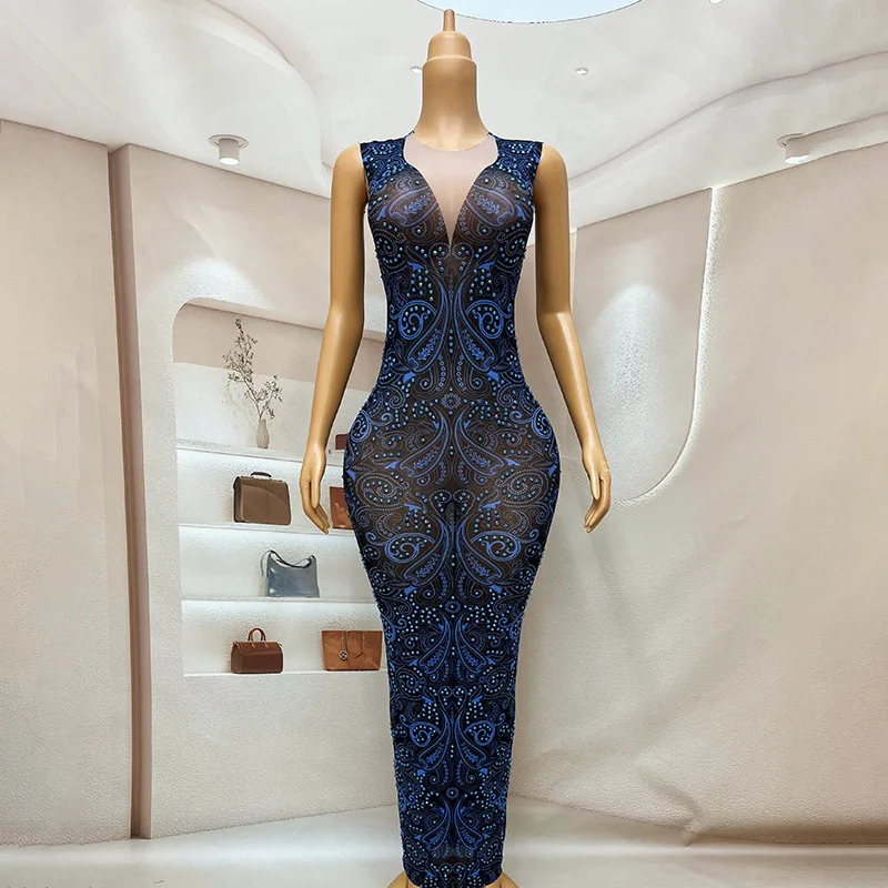 Sem mangas azul quente diamante fino ajuste vestido de festa festa cantor mostrar celebridade vestido desempenho roupas vestidos graduação mujer