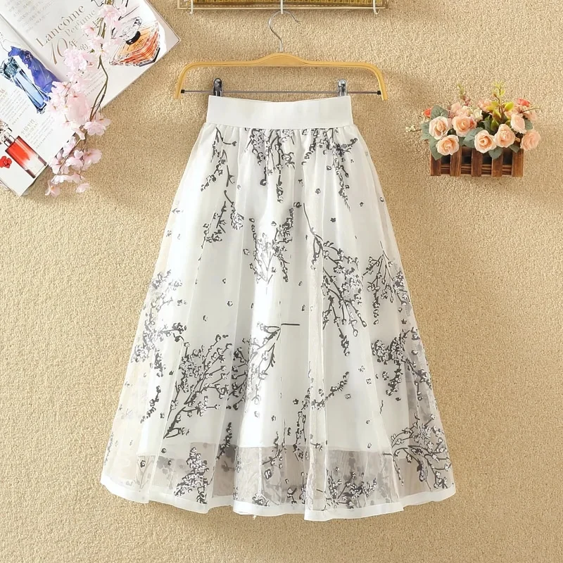 

2024 Sprint Summer Women Floral Print Mesh Skirt Elastic High Waist Organza Tutu Skirts Female A-Line Large Hem Long Skirt Saia