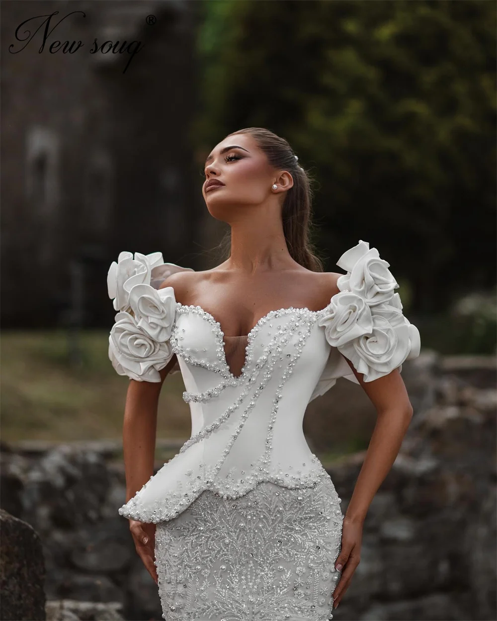 

White Beaded Evening Dresses Puffy Short Sleeves Dubai Prom Dress For Women Engagement Party Gowns Vestidos De Cóctel Customized