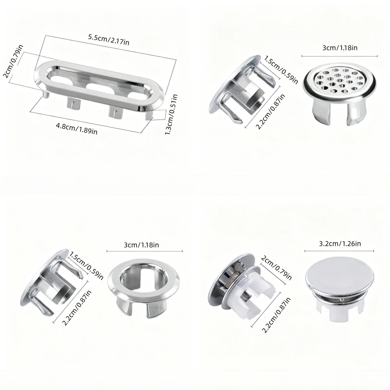 4PCS ABS Plastic Bathroom Kitchen Basin Sink Overflow Cover Ring Insert Replacement Chrome Hole Round Drain Cap Basin Accessory