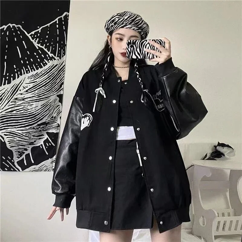 MEXZT-abrigo negro Harajuku para mujer, chaquetas Bomber de retales, ropa de calle Bf, chaqueta de béisbol informal de gran tamaño con estampado de