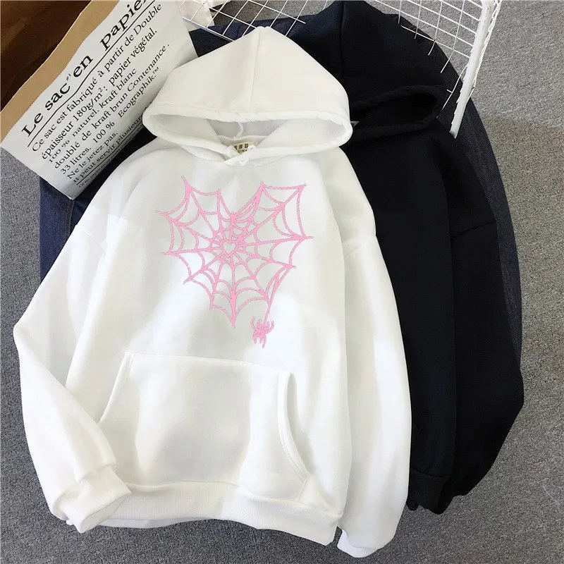 Streetwear Hoodie Spider Web Pullover Hoodies Shirt   Sweatshirt Gothic Harajuku Y2k  Jackets Woman Clothing