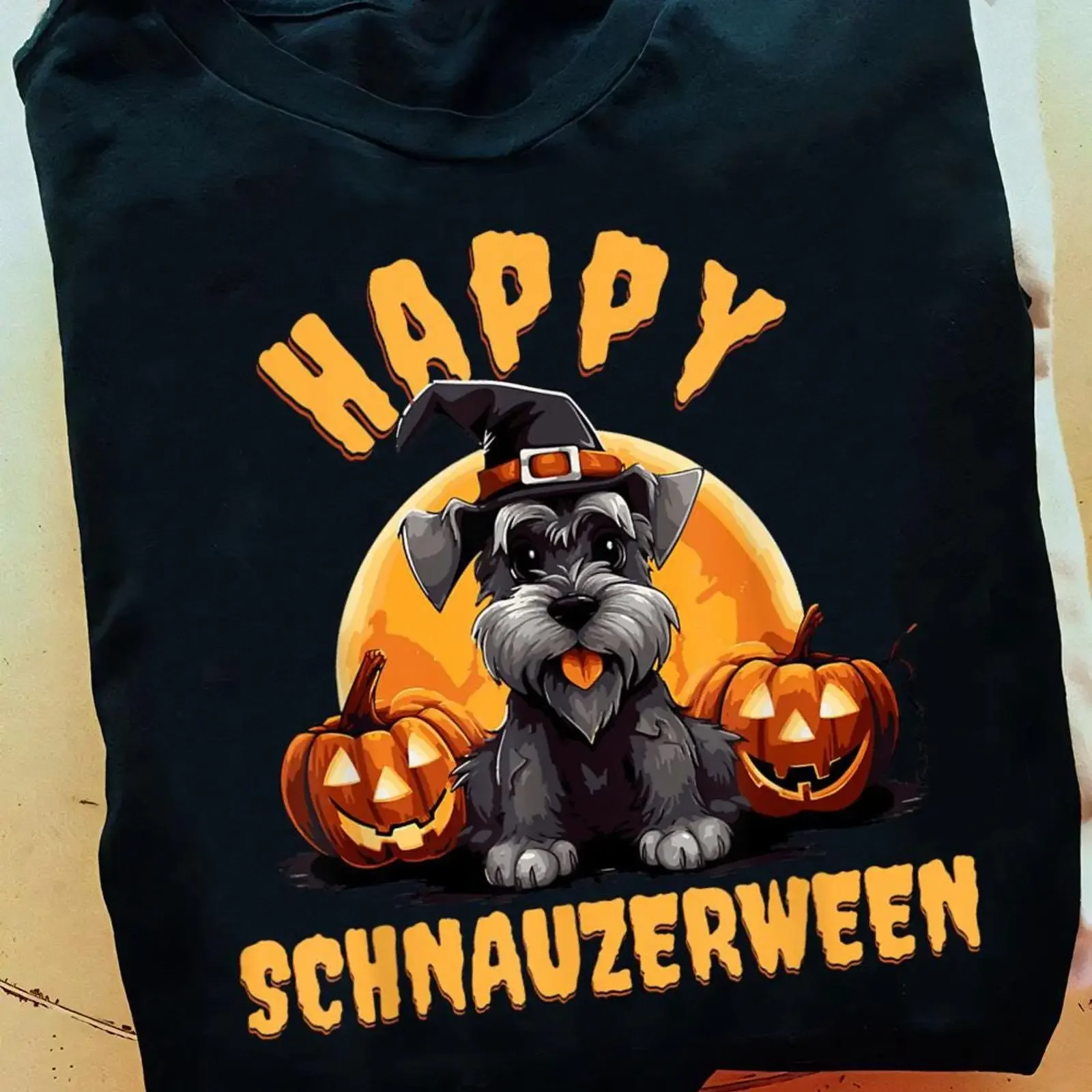 Happy Schnauzerween Cute Schnauzer Witch Hat Halloween T Shirt Funny Dog for Miniature Lover vintage Washed streetwear Slightly