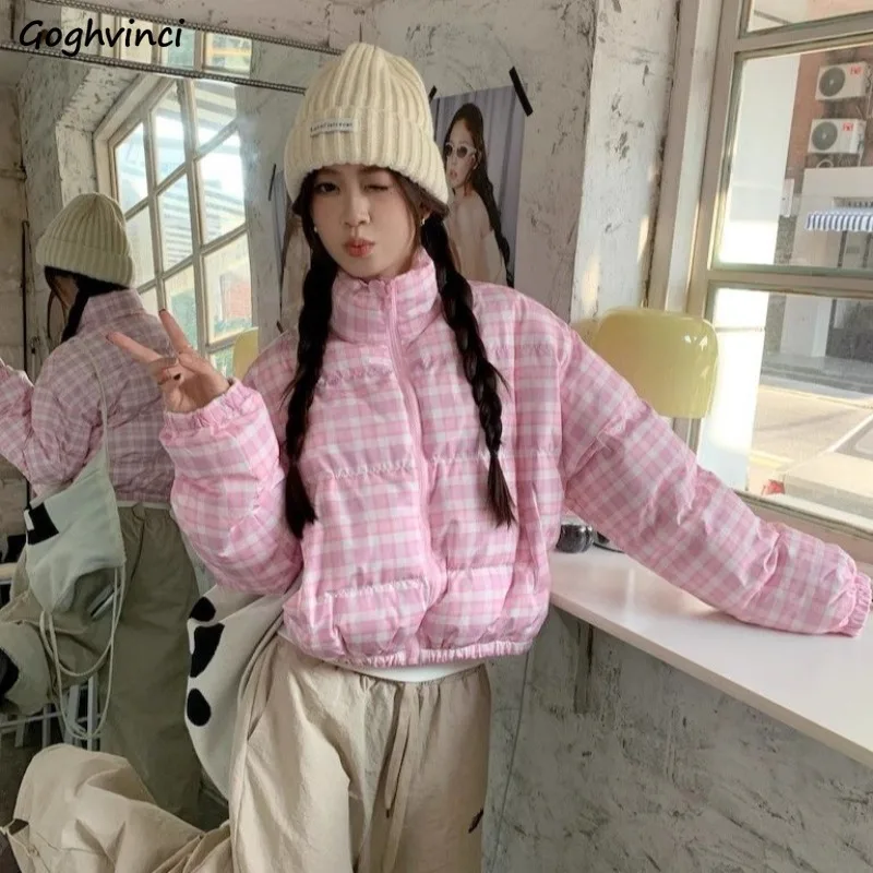 Parkas Women Cropped Ins Plaid All-match Wind-proof Casual Sweet Cold-proof Winter Daily Korean Fashion Trendy Harajuku Coats