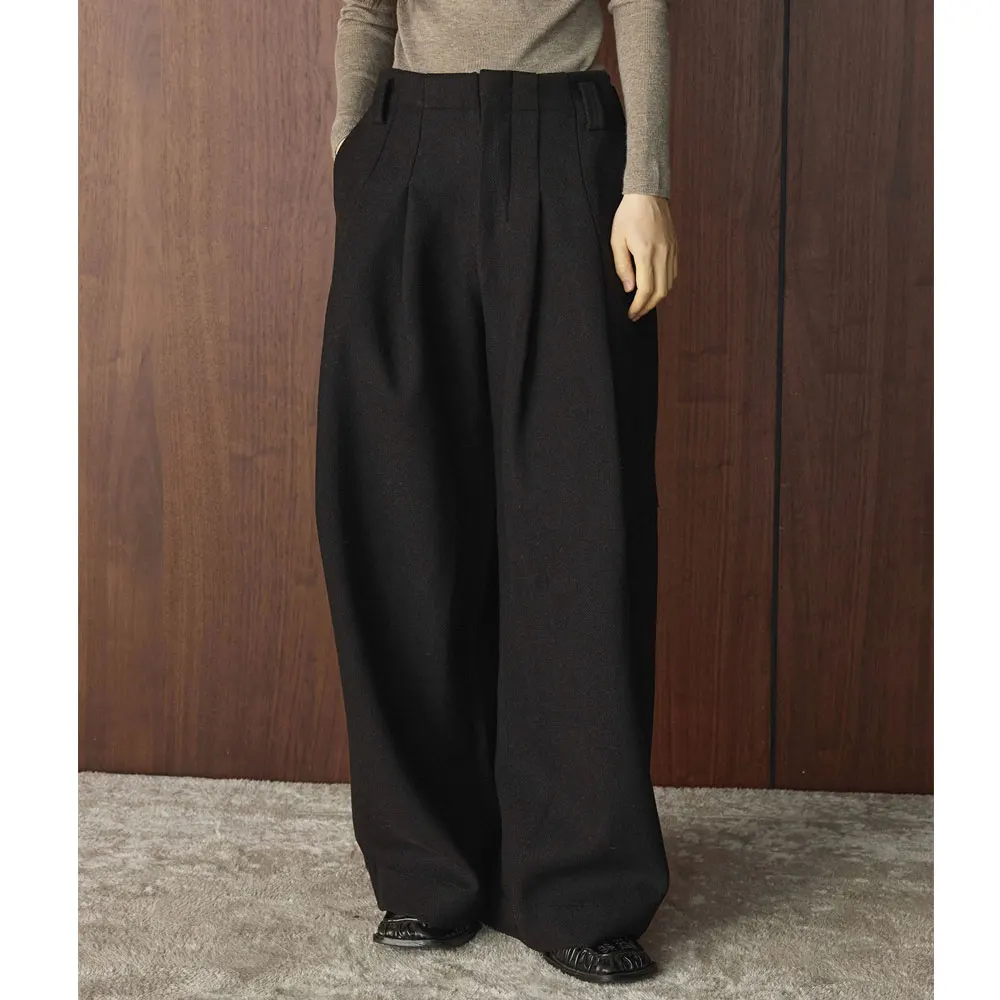 High Quality 50% Wool Material Women Autumn Winter Warm Long Pants High Waist Wide Leg Vintage Pants Female Clothes Trousers