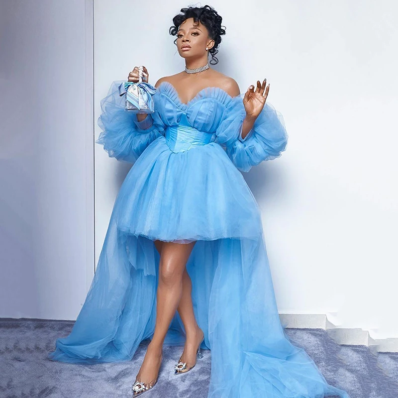فساتين سهرة باللون الأزرق للأطفال قبالة الكتف ورقبة على شكل قلب فساتين حفلات على شكل حرف A عالية ومنخفضة للحفلات المسائية 2026