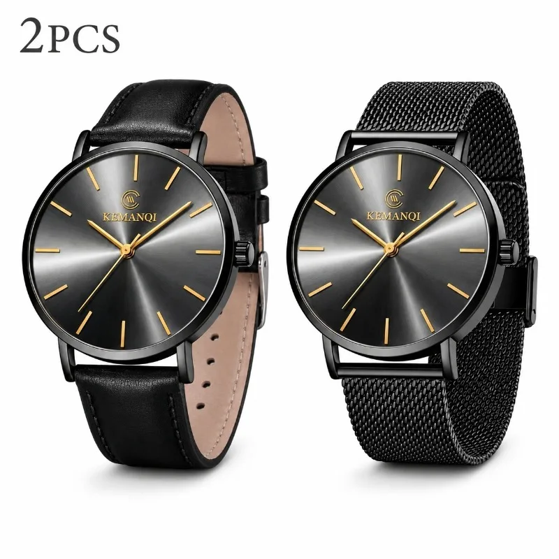 Minimalist Ultra Thin Couple Watch Set 2PCS KEMANQI Quartz Wristwatch Fashion Casual Leather & Mesh Band Matching Timepiece