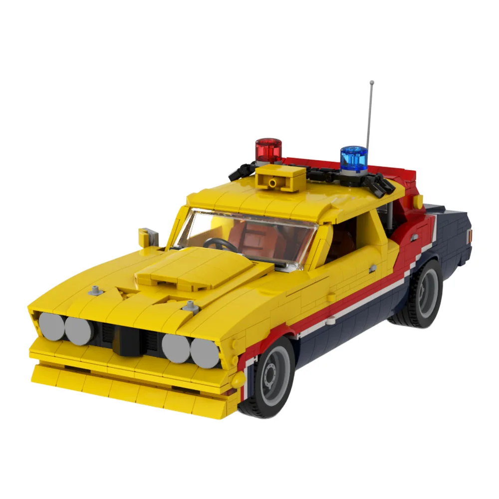 Moc mad max 1:18 ford falcon modelo de carro blocos de construção mad max filme amarelo carro polícias carros montados tijolos brinquedo menino presente