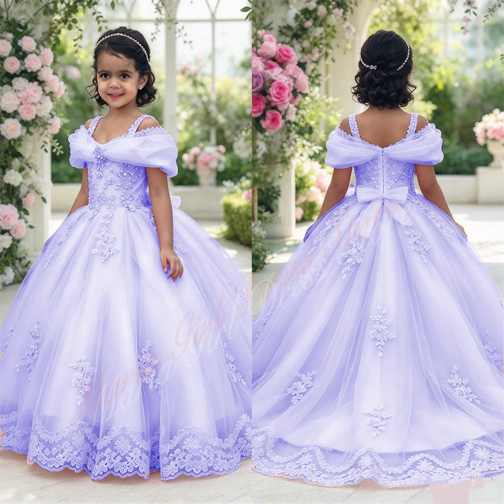 Princess Puffy Flower Girl Dress with Bow Rhinestones Lace Appliqués for Birthday And First Communion Dinner
