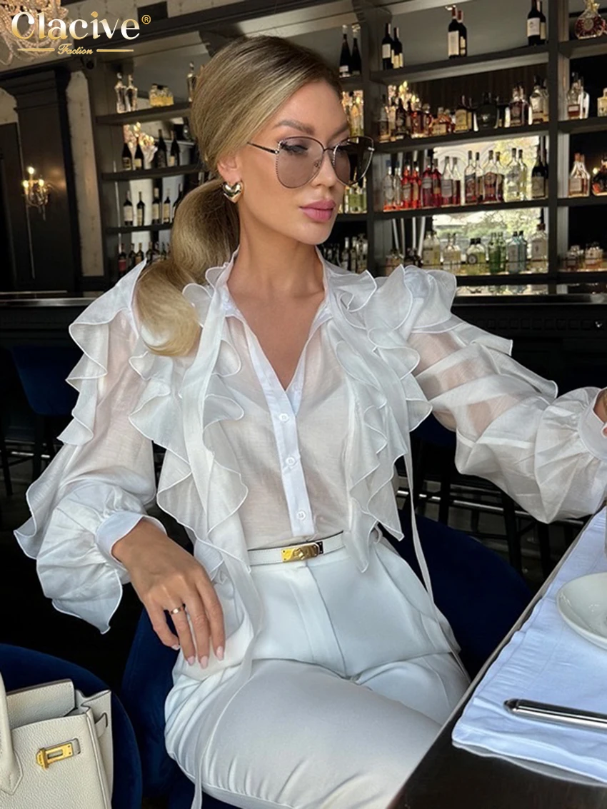 Clacive Sexy Loose White Women's Shirt 2025 Fashion Ruffle Collar Long Sleeve Shirts Elegant See Through Top Female Clothing