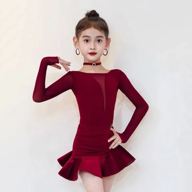 

Stage costume Latin danceoutfit set forchildrens girls Training suit with long-sleeved top and skirt Performance outfit