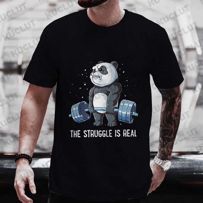 

The Struggle Is Real Panda Weightlifting Graphic T Shirt Man Clothes Tops Short Sleeve Men's Brand T-shirt Gym Men's O-neck Tees