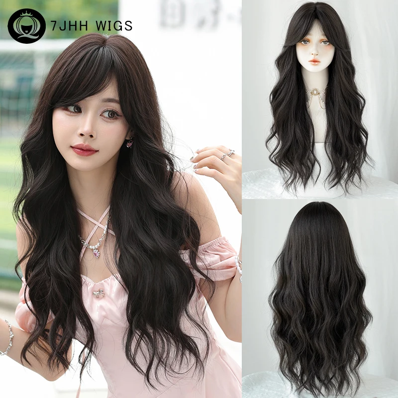 7JHH WIGS Loose Body Wavy Side Part Wig High Density Synthetic Wave Dark Brown Wig for Women Natural Looking Hair Wig with Bangs