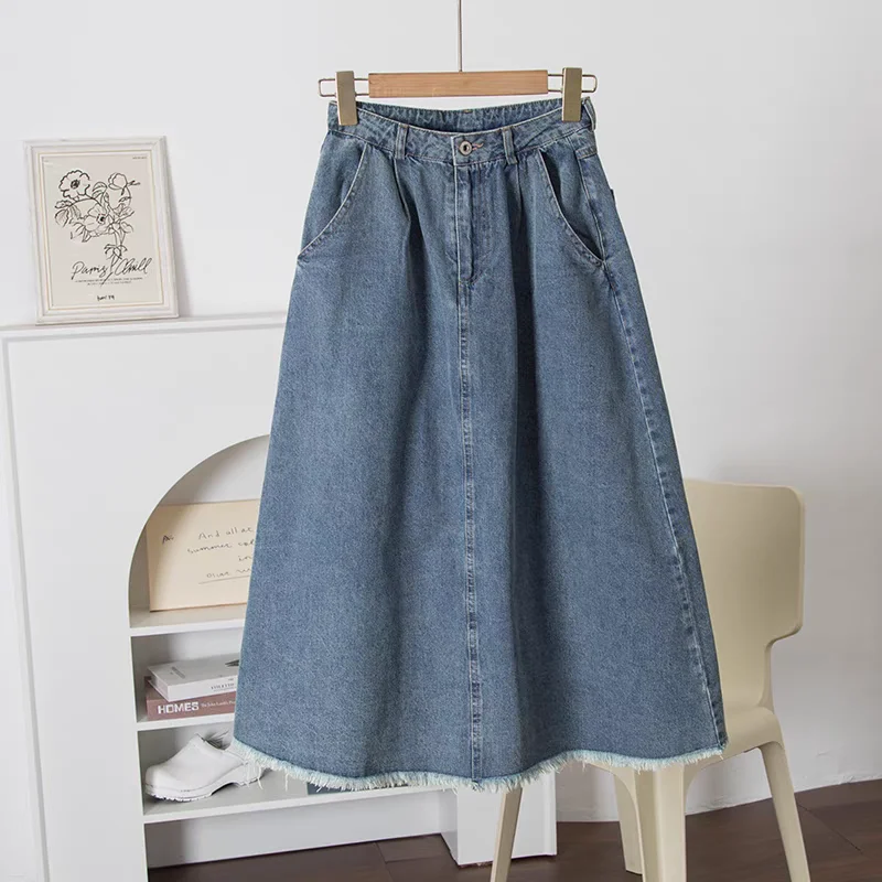 

High Waist A-Line Denim Skirt Waed Thin Design Long Semi-Body Skirt Spring Summer High Waist Flared Hem Design Casual Sle