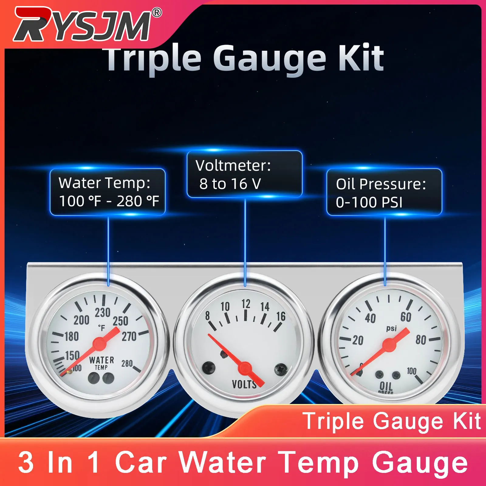 

52MM 3 In 1 Car Oil Pressure Water Temp Voltmeter Triple Gauge Kit Universal Car Water Temp Gauge Meter With Sensor For 12V Car