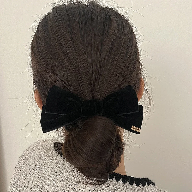 French Retro Standard Black Silk Velvet Hair Ties Women Butterfly Knot Headband Autumn Winter Horse Tail Headband