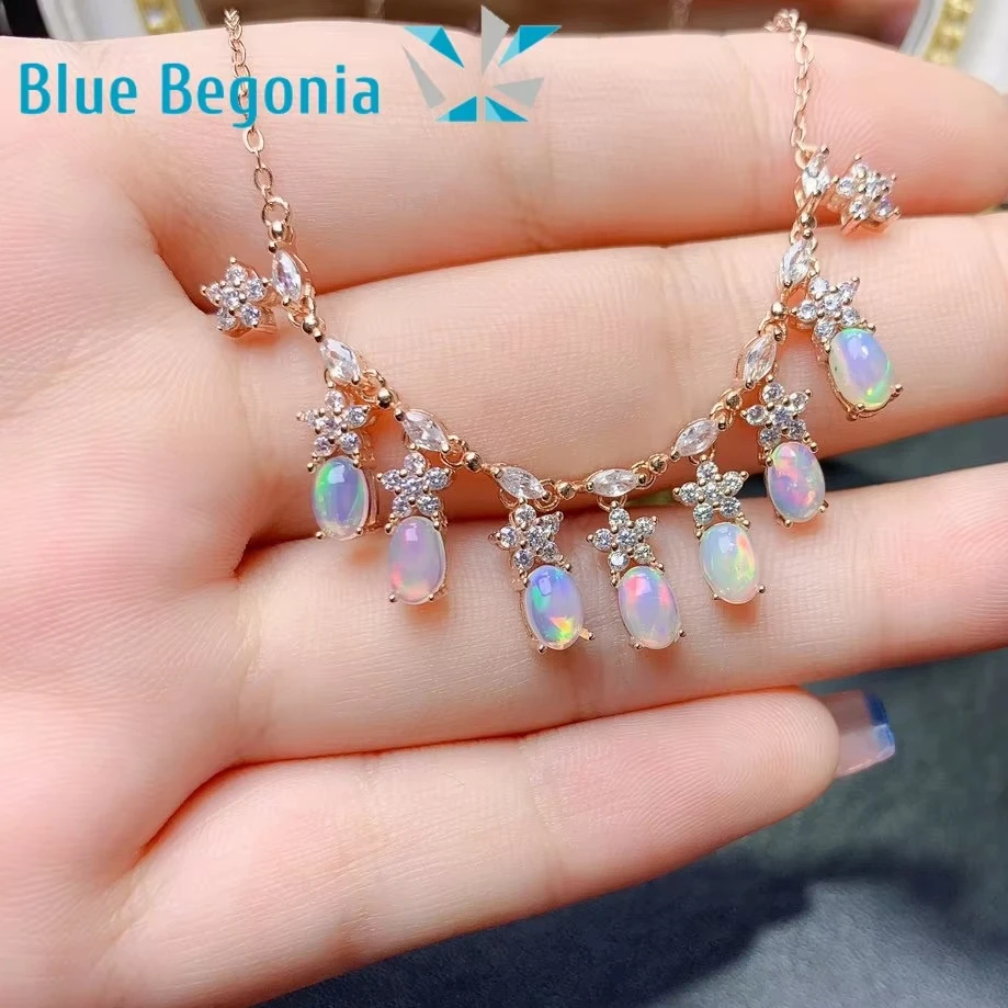 Natural Opal Pendant for Women Anniversary Gift 7pcs 4*6MM Gemstone Necklace Fine Jewelry 925 Sterling Silver