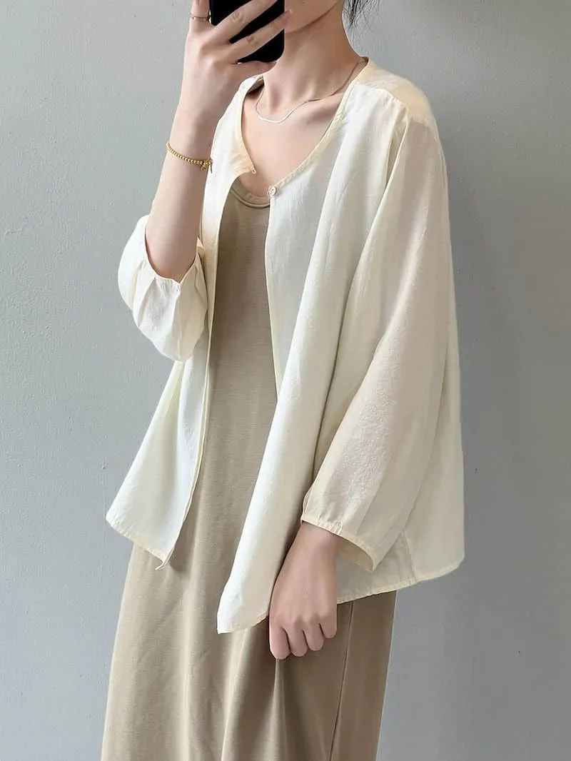 Shirts Frauen Eine Taste Design Oansatz Feste Hülse Mit Drei vierteln Blusen Koreanischen Stil Beiläufige Lose Shirts Sommer Strickjacke Tops