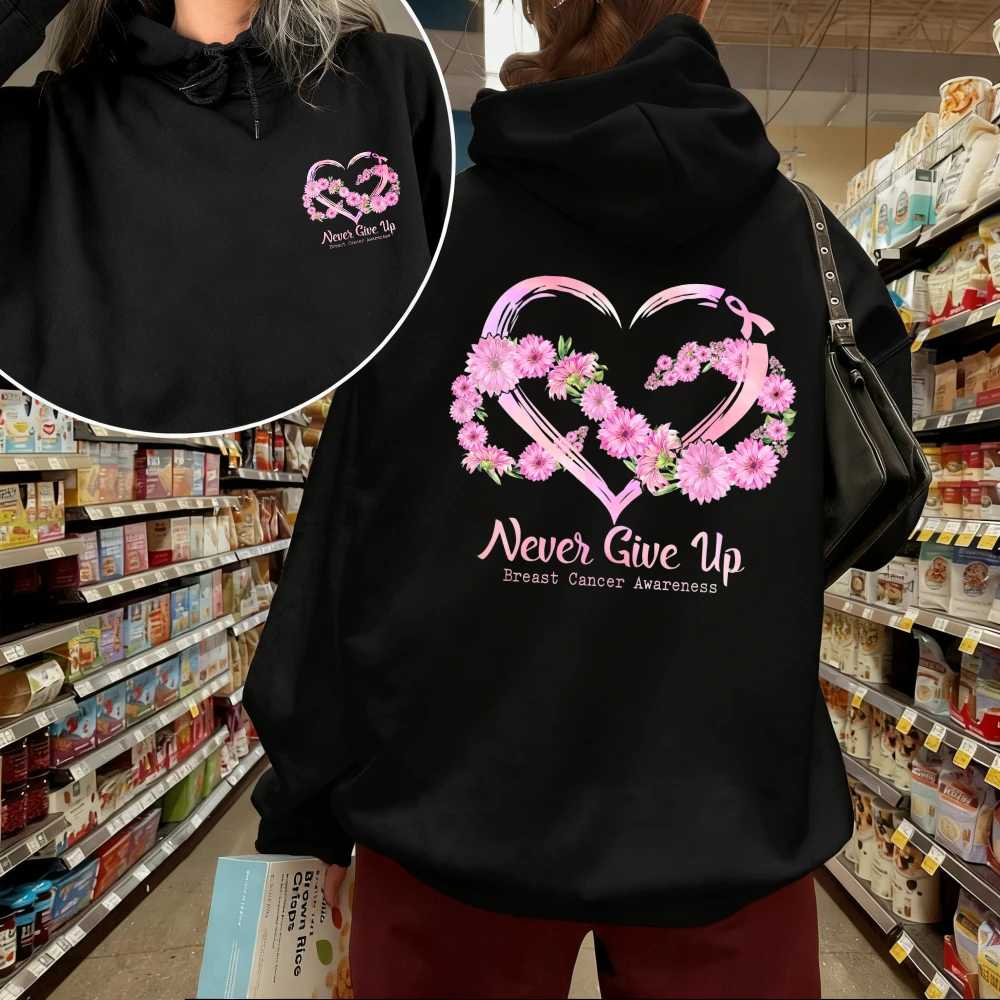 Breast Cancer Awareness Floral Heart Graphic Sweatshirt Pink Ribbon Breast Cancer Support Outfit Trendy Autumn Streetwear Hooded