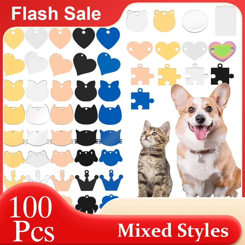 

100PCS Mix Multiple Styles Dog ID Tag Stainless Steel Blank Nameplate Custom Engraved Pet Anti Lost Accessories Pendant