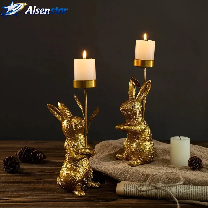 Resin handicrafts, simple Easter golden rabbit candle holder decoration, home living room dining table, dining room candleholder
