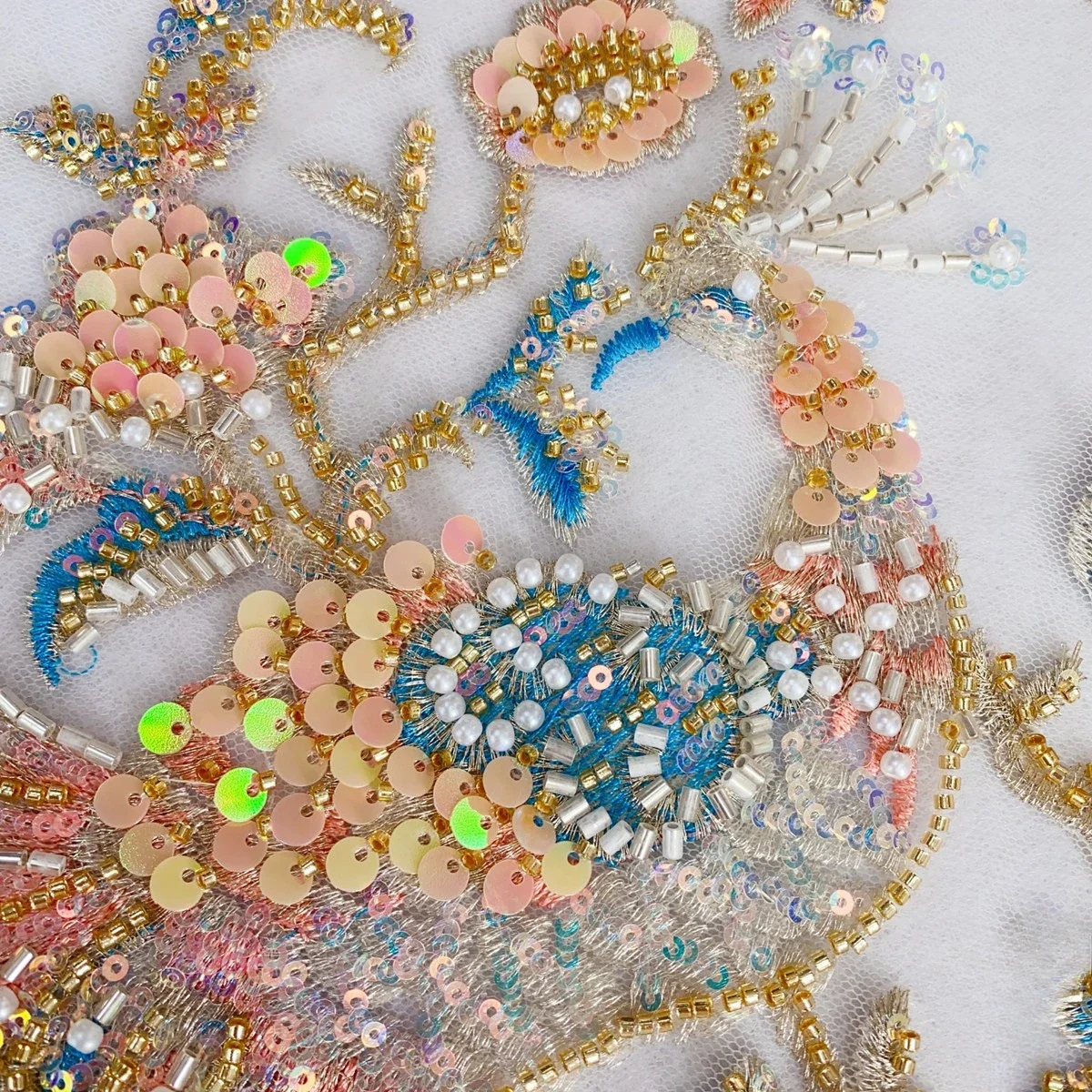 

New Peacock Shaped Pearl Lace Applique,Champagne, MultiColor Laser Sequin Performance Clothing, Shines Brightly Stage Party