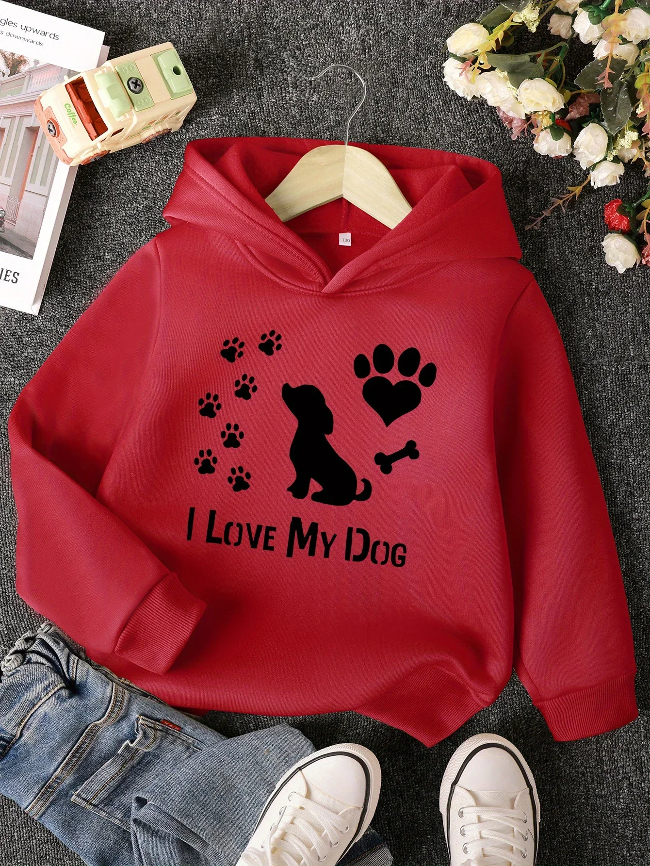 Cute Dog Theme Kids Hoodie I Love My Dog Puppy Silhouette Paw Prints Art Print Autumn Winter Fleece Warm Trendy Sweatshirt