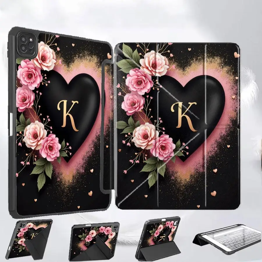 

Чехол-подставка для планшета с блестящими сердечками, цветами и буквой K для iPad Mini 6 7 Pro 2025 Air 4 5 M3 M2 M4 11 дюймов Pro 11th 10th 9th 8th