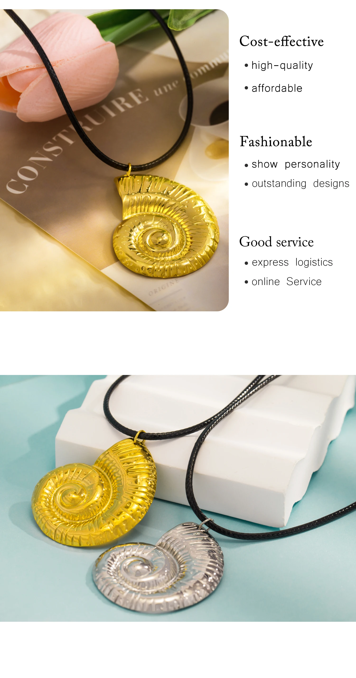 Edelstahl große Muschel-Anhänger-Halsketten für Damen, Statement-Metall, 18 Karat vergoldet, wasserdicht, trendiger Schmuck – Detail 4