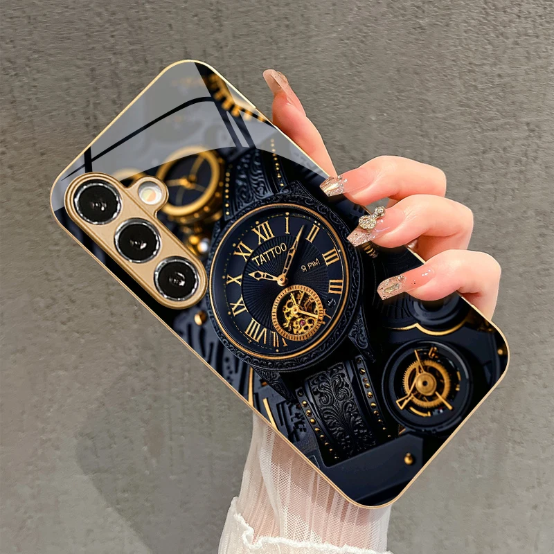 Mechanical Gold Watch Pattern 2D Phone Case for Samsung S26 S25 S24 S23 S22 S21 S20 A56 - Golden Metal Paint Glass Protective Co - view 2