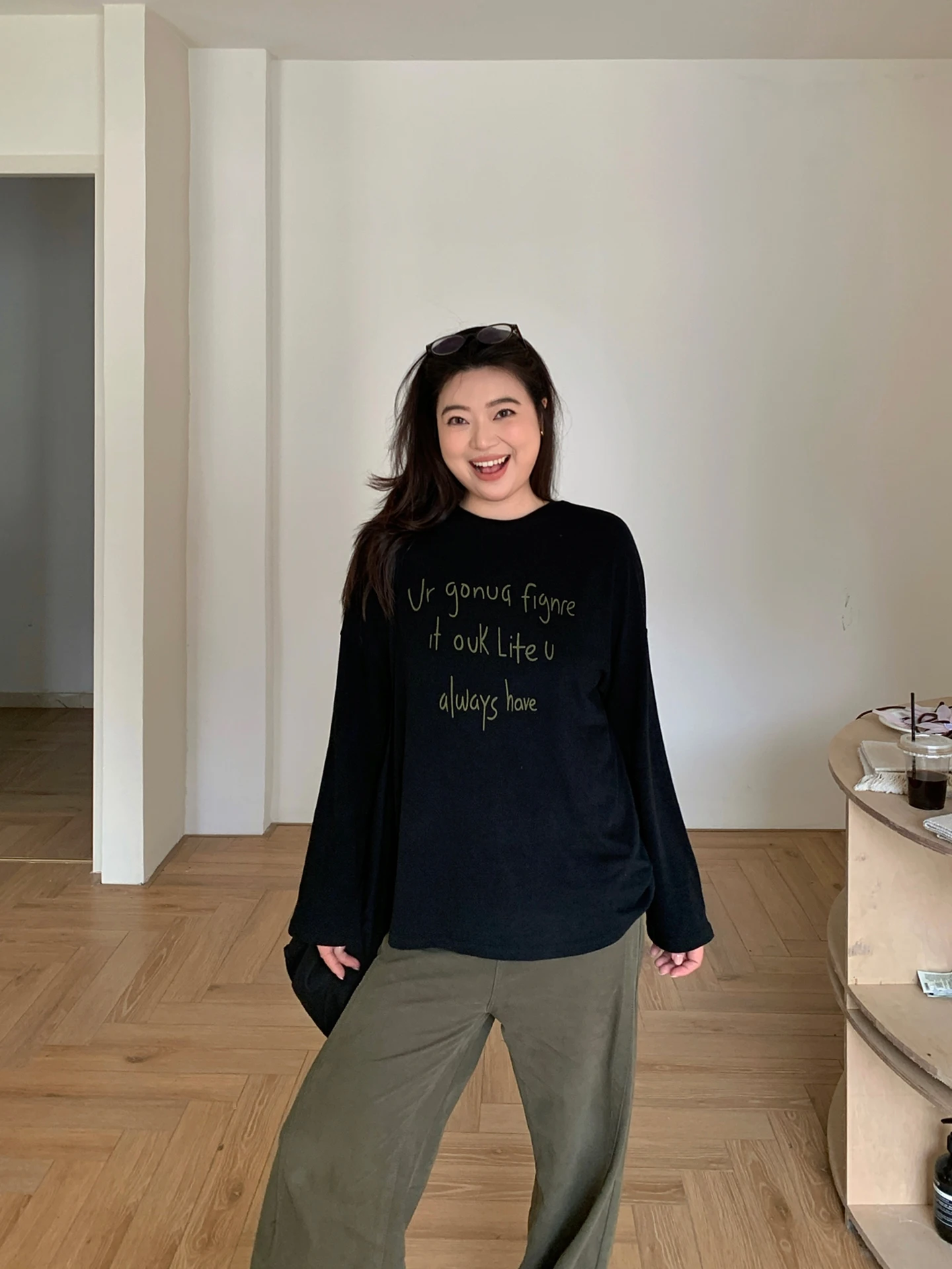 

plus Size Women's Long Sve T-irt Letter Print Base Layer Slimming Meat Covering Top round Ne Loose Fit Autumn New Sle