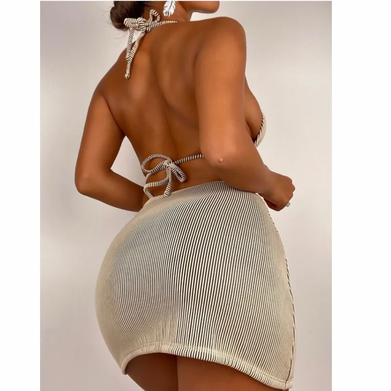 New Bikini Swimsuit Solid Color Tie Sexy Three-Piece Bikini Set