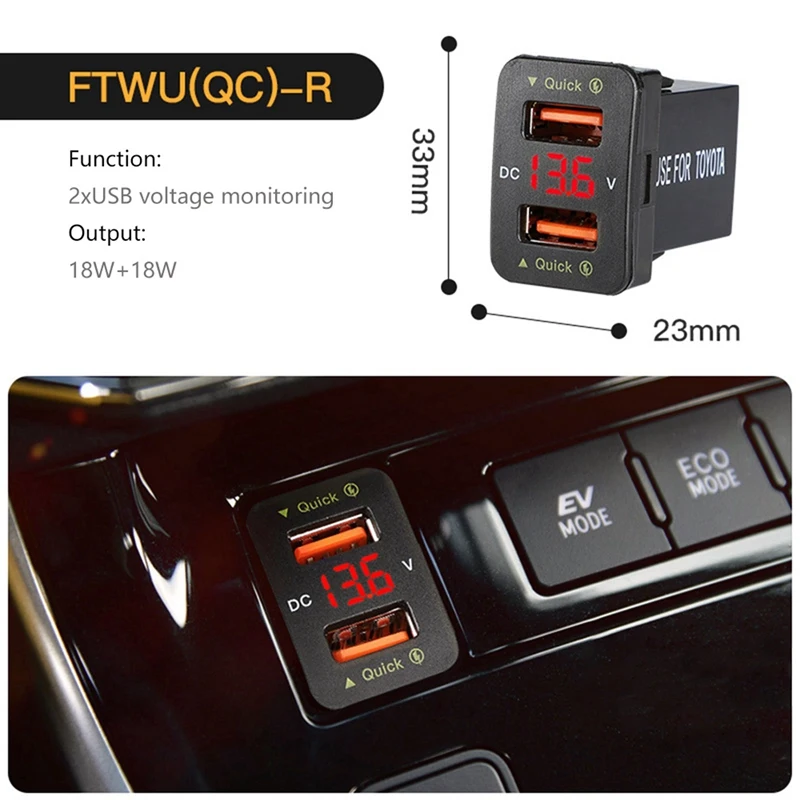 Carregador de carro rápido para Toyota, Carregador de celular à prova d'água, Dual USB, Voltagem vermelha, QC3.0, 2X, 36W