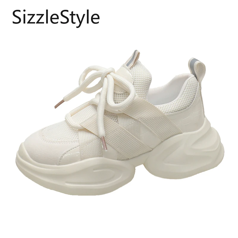 

Women's new spring style chunky platform sneakers with hidden wedge heel, casual sports shoes, white sneakers.