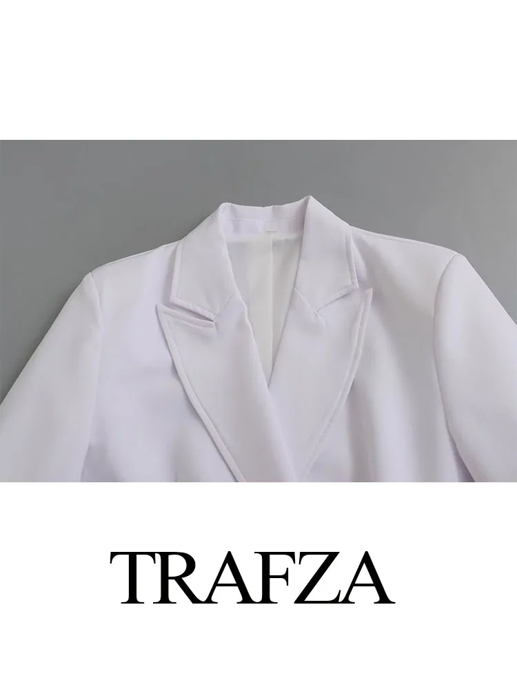 TRAFZA 여성용 턴다운 칼라 긴 소매 블레이저 수트, 더블 브레스트 블레이저, 하이 웨이스트 지퍼 반바지, 화이트 패션