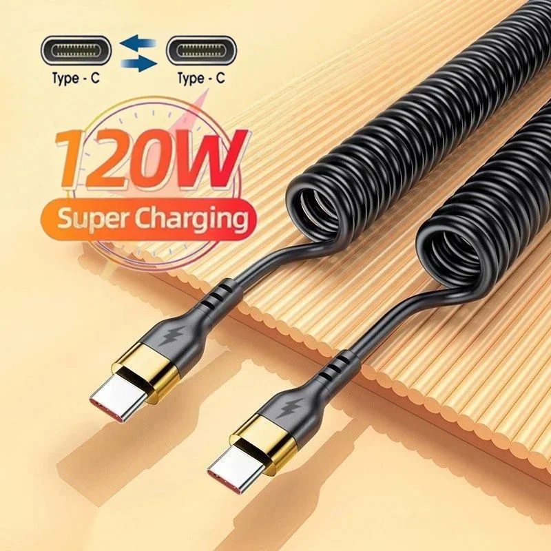 PD 120W Type C To Type C Cable 5A Fast Charge USB C Spring Car Charger Cable For iPhone 15 Series Xiaomi 12 Samsung S23 Macbook