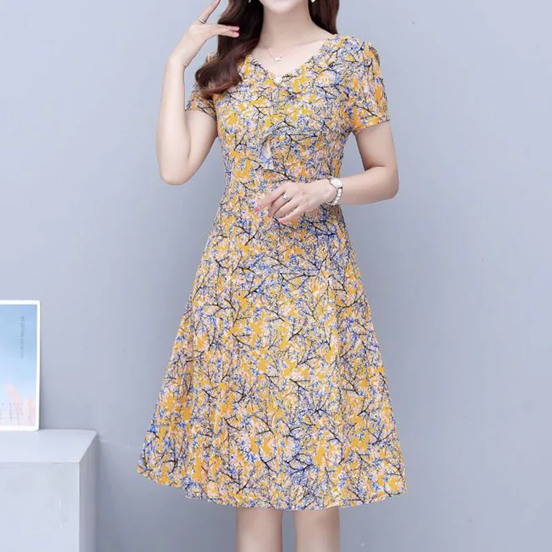 Prairie Chic Short Sleeve Umbrella Skirt Summer Women's Clothing V-Neck Floral Printing Embroidered Flares Slim Midi Dresses