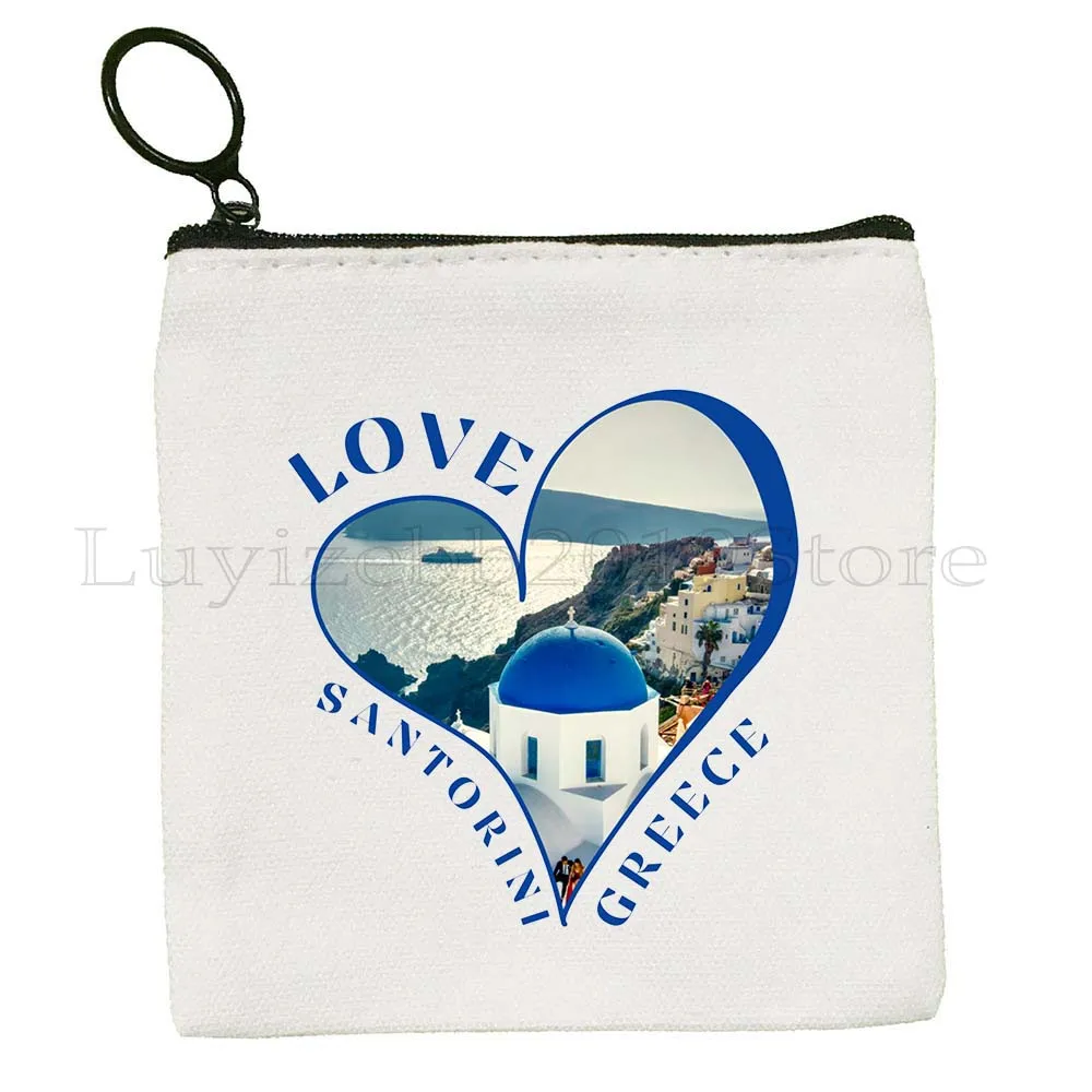 Greece Flag Map Ellas Greek Evil Eye Athens Santorini Oia KOS Island Heart Canvas Coin Purse Key Case Bag Wallet Zipper Pouch