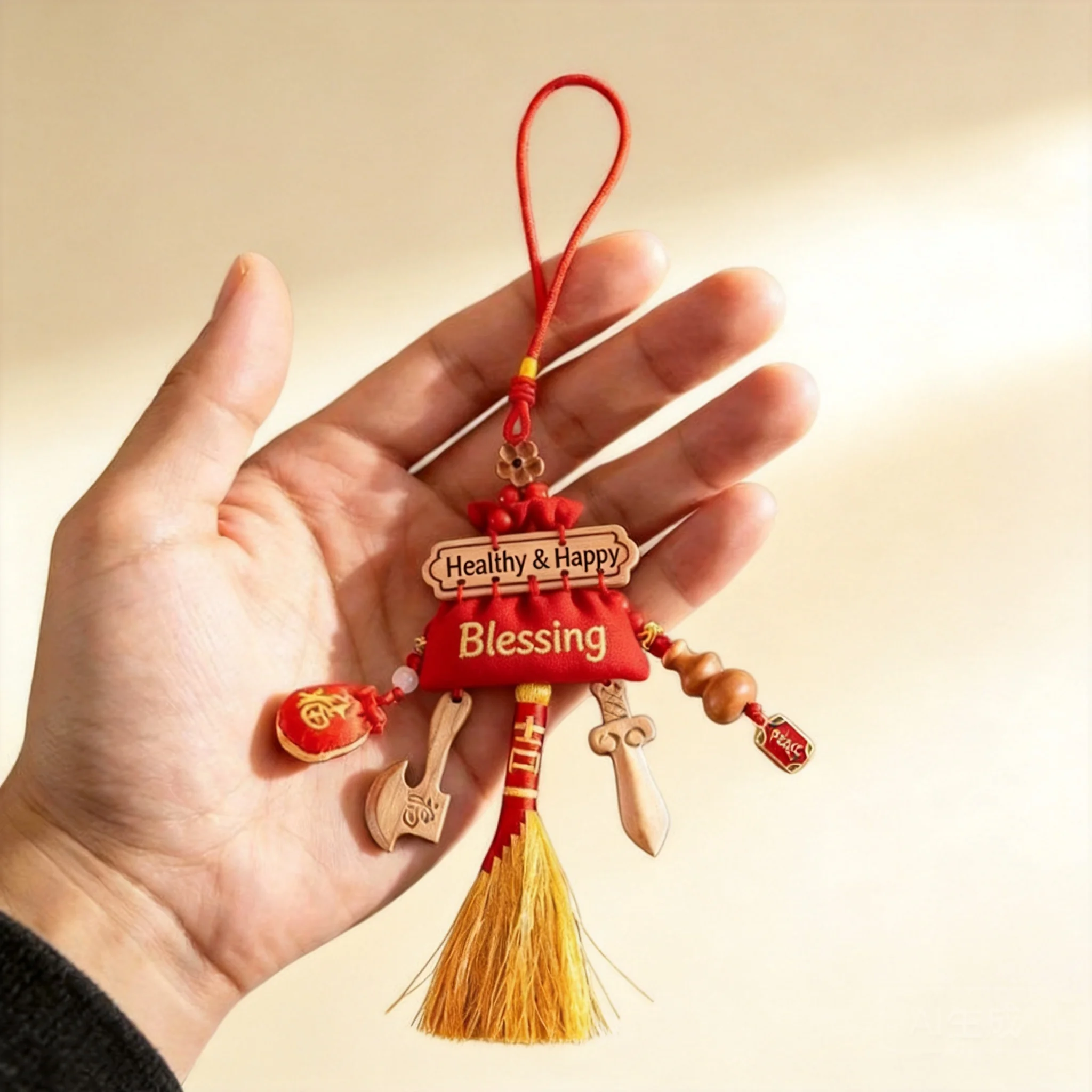 

Chinese Style Mini Broom Hanging Ornament For Baby Peaceful Sleep Blessing Good Luck Housewarming Gift Handmade Peach Wood Sorgh