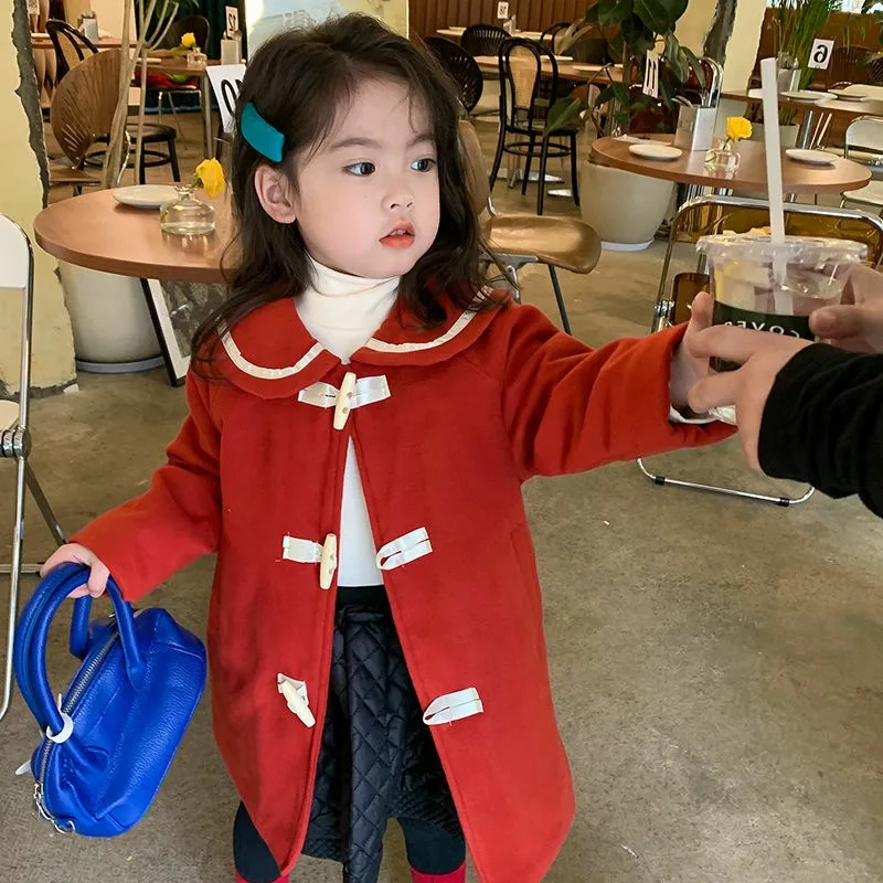 

Girls Wool Coat Jacket Outerwear 2022 Buttons Warm Thicken Plus Velvet Winter Autumn Cotton School Teenagers Children's Clothing