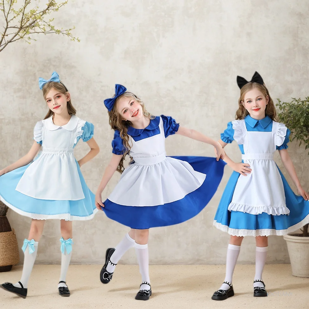 

Halloween Baby Girl Costume Anime Alice In Wonderland Blue Party Dress Pastoral Wonderland Lolita Maid Outfit Role Play Costumes