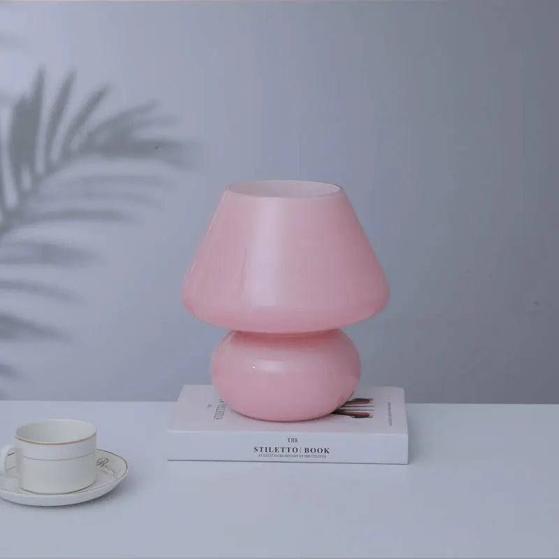 AC-Powered Large Glass Mushroom Lamp LED Mushroom Desk Light with E27 Tricolored Bulb Classic Nightstand Light for Room Decor