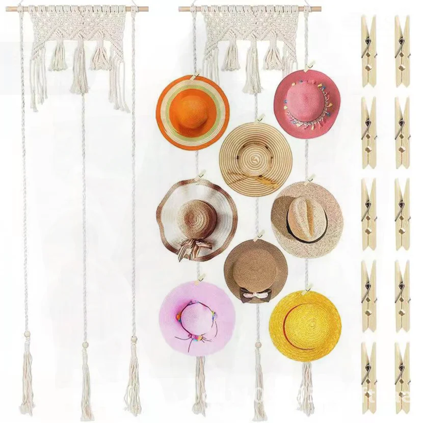 Nordic Style Hand-woven Cotton Tapestry Hat Display Rack Wall Hanger Pastoral Striped Rectangle Hat Storage for Living Room