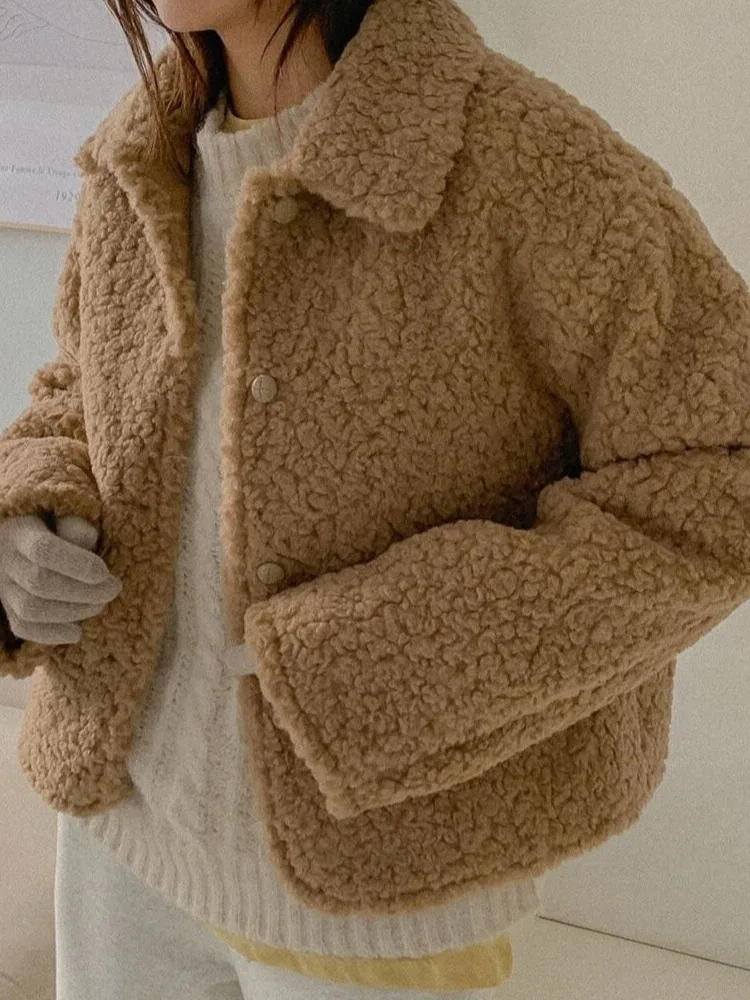 Manteau coréen élégant en fourrure d'agneau pour femme, anti-âge, à revers, à bouton unique, en cuir et fourrure intégrés, Aosphere