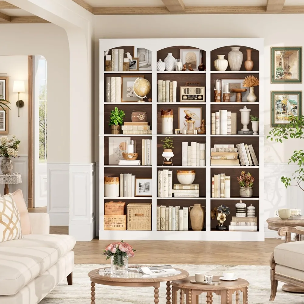 Estante tripla larga de 71", estante alta de 6 camadas, estante grande com defletor curvo, prateleira para livros de 63,4" de largura com 18 expositores abertos