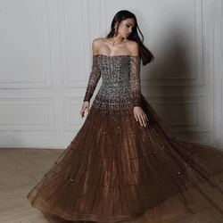 Sexy Off Shoulder Evening Dresses Long Sleeve Prom Gowns For Women Formal Party Luxury A-Line Tulle Customized Vestidos De Noche