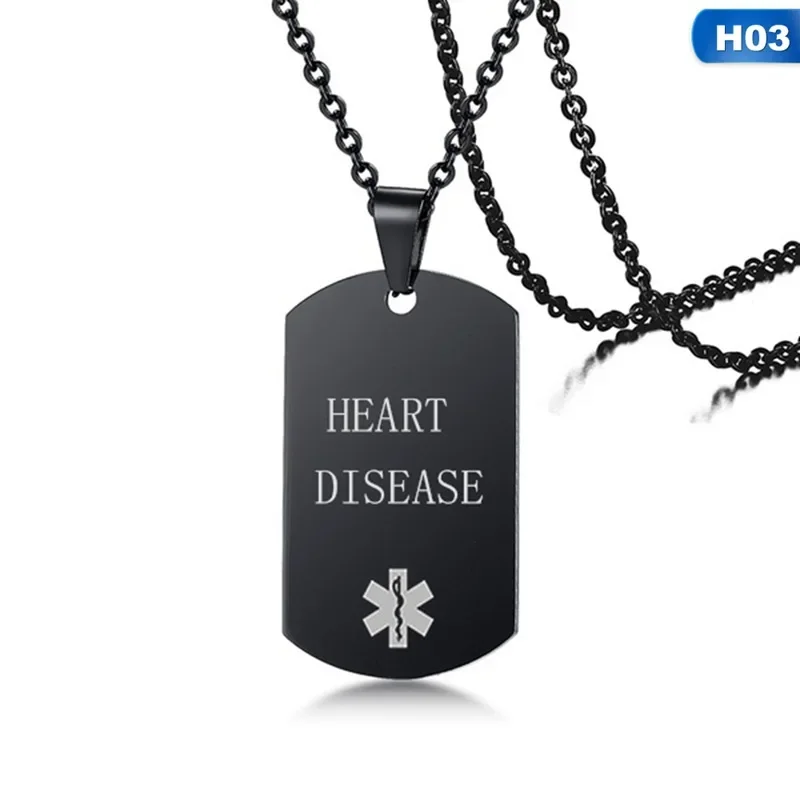 Czarny wisiorek z nieśmiertelnikiem Naszyjnik z identyfikatorem alertu medycznego dla mężczyzn Kobieta Biżuteria ze stali nierdzewnej Emergency SOS Diabetic Jewelry 24Inch — zdjęcie 6