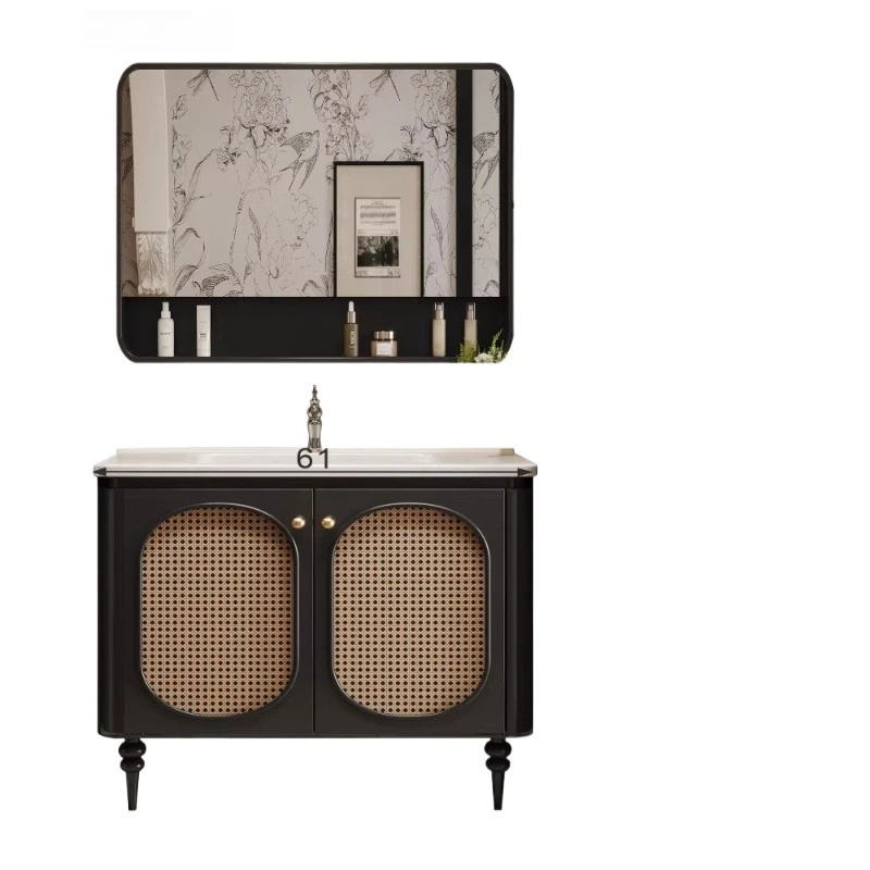 

Smart French rattan bathroom cabinet retro style oak washstand ceramic integrated basin washbasin